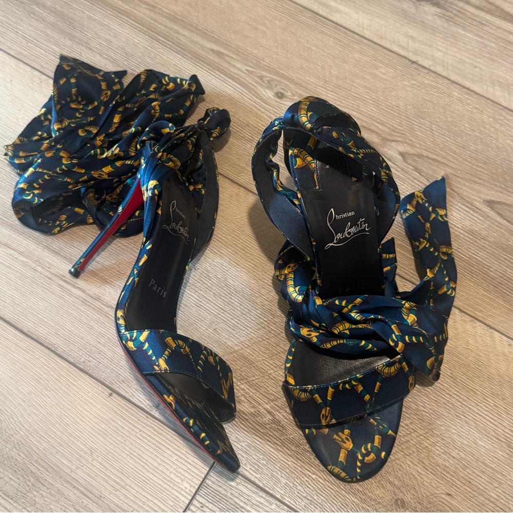 Christian Louboutin Black and Gold Printed Satin Wrap-Heel Sandals